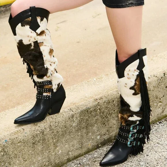 AZALEA WANG Gwayne Cow Print Knee High Fringed Western Boot Buckles 7-11 NWT - Picture 5 of 15